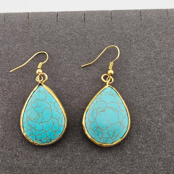Turquoise Toned Tear Drop Earrings Dangle Drop Simple Minimalist Coastal Cowgirl - Picture 1 of 3